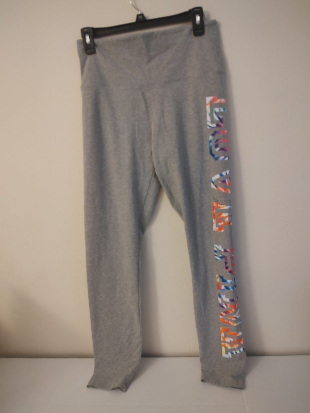 PINK Victoria's Secret Gray Leggings with Multicolor Side Lettering